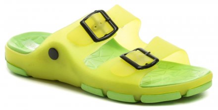 Dámska letná rekreačná nazúvacie plážová obuv s nastaviteľnými pásky cez priehlavok, vyrobená zo syntetického materiálu.