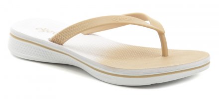 Dámska letná rekreačná nazúvacie pásková obuv s úchopom medzi prstami. Žabky sú vyrobené zo syntetického materiálu.
