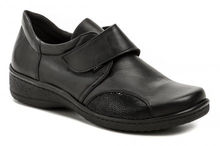 Dámska celoročná zdravotná vychádzková obuv so zapínaním na suchý zips. Obuv je vyrobená z pravej prírodnej kože v kombinácii so strečovým materiálom v oblasti haluxov, vďaka tomu je obuv vhodná aj pre široké chodidlá.