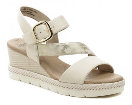 Dámska letná vychádzková sandálová obuv so zapínaním na opasok okolo členku, vyrobená zo syntetického materiálu v kombinácii s textilným materiálom.