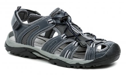 Pánska letná vychádzková obuv typu sandále s nastaviteľným pätným pásikom. Obuv je vyrobená z kombinácie syntetického a textilného materiálu.