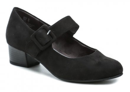 Dámska letná vychádzková obuv na stabilnom podpätku so zapínaním na opasok cez priehlavok so suchým zipsom, vyrobená z textilného materiálu.