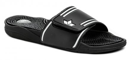 Pánska nadmerná nazúvacia obuv typu plážovky s nastaviteľným priehlavkovým pásikom pomocou suchého zipsu, vyrobená zo syntetického materiálu. Obuv obsahuje masážny nášľap.