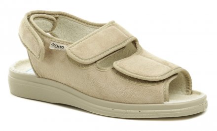 Dámska letná vychádzková zdravotné ortopedická a diabetická obuv typu sandále so zapínaním na suchý zips, vyrobená z textilného materiálu.