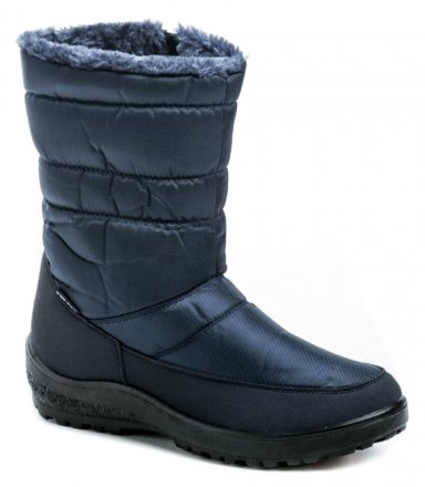 Dámska zimná vychádzková členková obuv so zapínaním na zips, vyrobená z kombinácie textilného a syntetického materiálu.