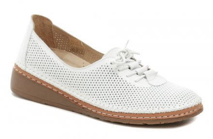 Dámska letná vychádzková obuv na miernom kline so zaväzovaním na gumové šnúrky. Obuv je vyrobená z pravej prírodnej kože.
