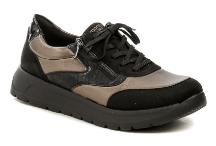 Remonte D2V02-04 čierno bronzové dámske nadmerné poltopánky Dámska celoročná vychádzková obuv na šnurovanie aj zips, vyrobená z kombinácie textilného a syntetického materiálu. Obuv vyhovuje štandardom Vegan.