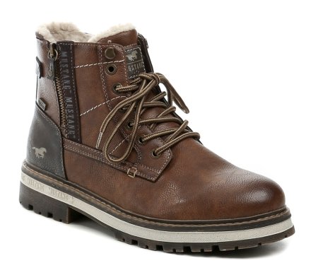 Pánska zimná členková obuv na šnurovanie a tiež so zapínaním na zips. Obuv je vyrobená zo syntetického materiálu s membránou MustangTEX, vo vnútri zateplená chlpatým textilným kožúškom.