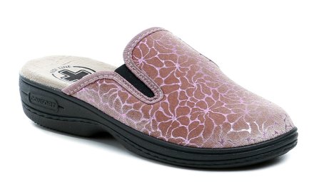 Dámska celoročná domáca zdravotná obuv na miernom kline, vyrobená z pružného textilného materiálu vhodného pre chodidlá s haluxmi a stielkou z textilného materiálu.
