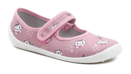 Detská letná rekreačná obuv so zapínaním na opasok so suchým zipsom, vyrobená z textilného materiálu a stielkou z pravej prírodnej kože.