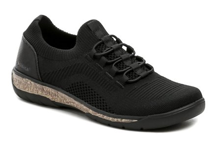 Dámska jarná a letná vychádzková voľnočasová obuv na obutie, vyrobená z kombinácie syntetického a pružného textilného materiálu.