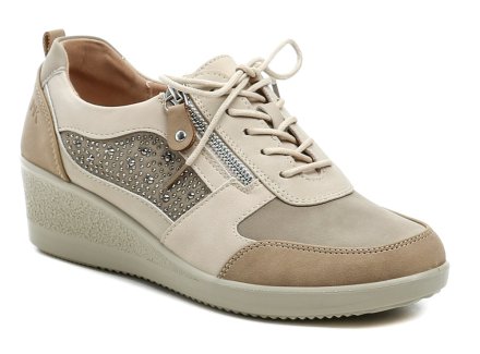 Dámska celoročná vychádzková obuv na miernom kline so šnurovaním aj zapínaním na zips. Obuv je vyrobená zo syntetického materiálu v kombinácii s prírodnou kožou.