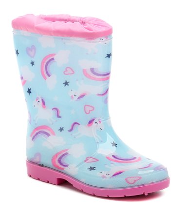 Detská celoročná rekreačná nepremokavá obuv typu gumáky, vyrobená zo syntetického materiálu.
