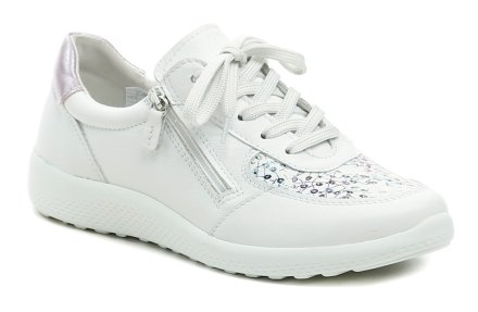 Dámska celoročná vychádzková zdravotná obuv, vyrobená z pravej prírodnej kože v kombinácii s textilným pružným materiálom vhodným pre haluxy.