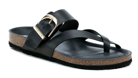 Dámska letná vychádzková obuv typu nazúvaky s úchopom medzi prstami, vyrobená z pravej prírodnej kože a syntetického materiálu.