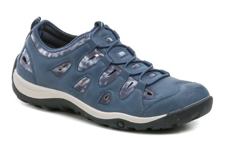 Dámska letná vychádzková obuv typu poltopánky. Obuv je vyrobená z kombinácie pružného textilného materiálu a syntetickej kože.