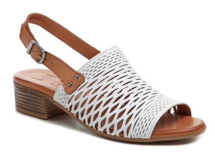 Dámska letná vychádzková obuv s voľnou špicou aj pätou na stabilnom podpätku so zapínaním na opasok okolo päty. Obuv je vyrobená z pravej prírodnej kože.