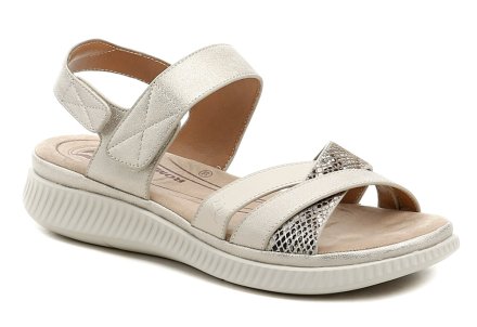 Dámska letná sandálová obuv na miernom kline so zapínaním na opasky so suchým zipsom. Obuv je vyrobená z kombinácie textilného a syntetického materiálu.