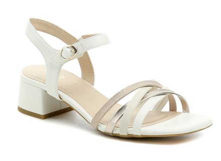 Dámska letná pásková obuv na stabilnom podpätku so zapínaním na opasok so sponou okolo členku, vyrobená z kombinácie syntetického a textilného materiálu.