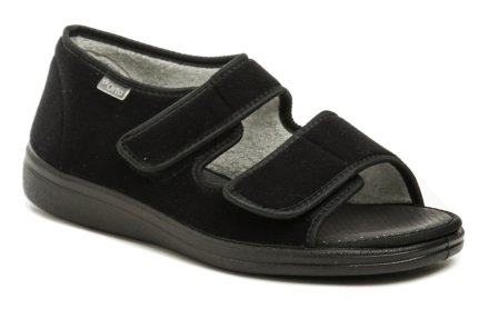 Dámska letná vychádzková zdravotná ortopedická a diabetická obuv typu sandále so zapínaním na suchý zips, vyrobená z textilného materiálu.