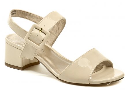 Dámská letní vycházková sandálová obuv na podpatku se zapínáním na pásek se sponou kolem kotníku, vyrobená z kombinace syntetického a textilního materiálu. 