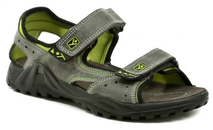 Letní kožená vycházková obuv typu sandále se zapínáním na suchý zip vyrobená z kombinace textilního materiálu a přírodní kůže.
