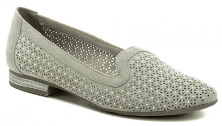 Dámska letná vychádzková obuv na miernom podpätku, vyrobená z textilného materiálu.