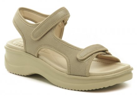 Dámska letná vychádzková sandálová obuv so zapínaním na suchý zips, vyrobená z textilného materiálu.