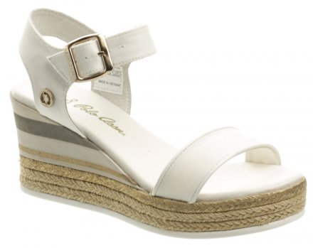 Dámska letná vychádzková sandálová obuv na platforme so zapínaním okolo členku, vyrobená z textilného materiálu.