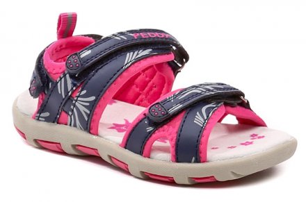 Dievčenské letné vychádzková sandálová obuv, vyrobená z kombinácie syntetickej kože s textilným materiálom.