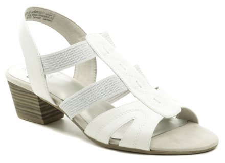 Dámska letná vychádzková obuv šírka H, typu sandále na podpätku. Obuv je vyrobená z kombinácie pružného textilného materiálu spolu so syntetickou kožou.
