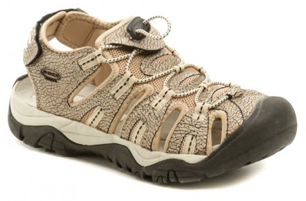 Letná vychádzková obuv so zapínaním na opasok okolo päty pomocou suchého zipsu. Obuv je vyrobená z kombinácie syntetického a textilného materiálu.