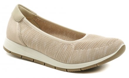 Dámska letná vychádzková obuv, vyrobená z kombinácie pravej prírodnej kože a textilného materiálu.