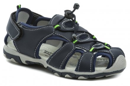 Detská letná vychádzková sandálová obuv, vyrobená z kombinácie syntetickej kože a textilného materiálu.