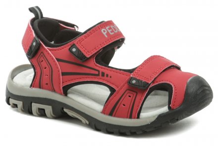Detská letná vychádzková sandálová obuv s uzavretou špicou, vyrobená z kombinácie syntetickej kože s textilným materiálom.