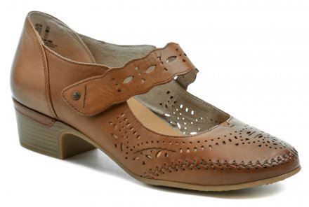 Dámska letná vychádzková obuv na stabilnom podpätku so zapínaním na opasok cez priehlavok so suchým zipsom, vyrobená z pravej prírodnej kože.