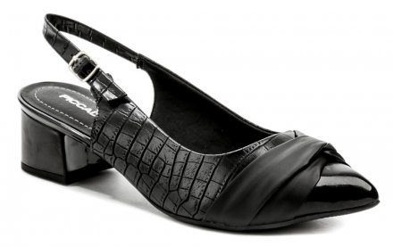 Dámska letná vychádzková obuv na podpätku so zapínaním na opasok okolo päty. Obuv je vyrobená z kombinácie syntetického a textilného materiálu.