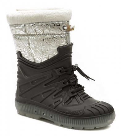 Dámska zimná členková vychádzková a rekreačná nepremokavá obuv, vyrobená z kombinácie syntetického a textilného materiálu.