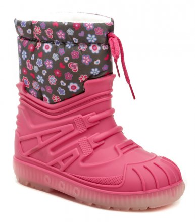 Detská zimná členková vychádzková a rekreačná nepremokavá obuv, vyrobená z kombinácie syntetického a textilného materiálu.