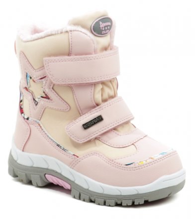 Detská zimná rekreačná členková obuv so zapínaním na suchý zips, vyrobená z kombinácie textilného SOFTSHELL materiálu s membránou WATERPROOF.