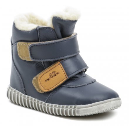 Detská zimná vychádzková členková obuv so zapínaním na suchý zips, vyrobená z pravej prírodnej kože v kombinácii s textilným materiálom. Obuv má barefoot mäkkú podošvu.