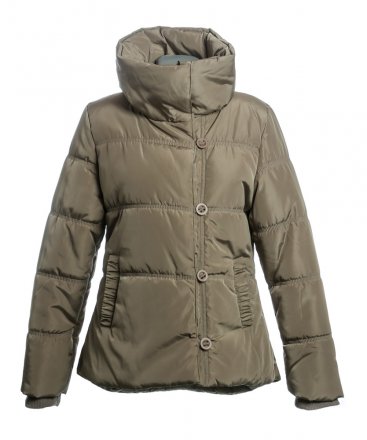 Dámska zimná bunda so zapínaním na zips a gombíky. Kabát je vyrobený 100% z polyesteru av golieri je skrytá kapucňa.