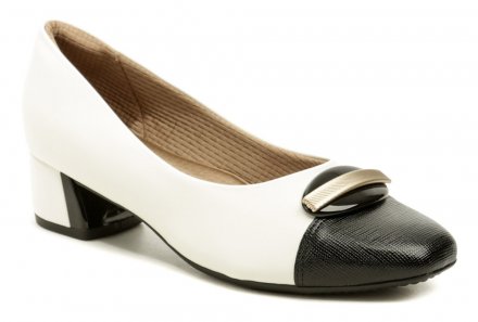Dámska celoročná vychádzková obuv na nízkom stabilnom podpätku, vyrobená zo syntetického materiálu. Špeciálna úprava BUNION - mäkký materiál v oblasti palcového kĺbu.