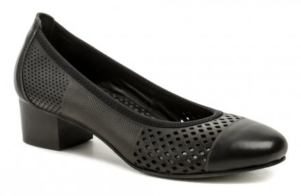 Dámska celoročná vychádzková obuv typu lodičky na stabilnom nízkom podpätku. Obuv je vyrobená z pravej prírodnej kože.