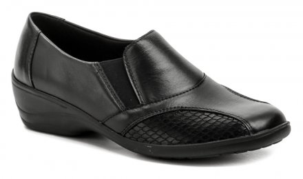 Dámska celoročná vychádzková zdravotná obuv, vyrobená z kombinácie pravej prírodnej kože a textilného materiálu vhodného pre chodidlá s haluxy.
