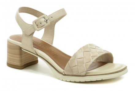 Dámska letná vychádzková sandálová obuv na podpätku so zapínaním na opasok so sponou okolo členka, vyrobená z kombinácie pravej prírodnej kože a textilného materiálu.