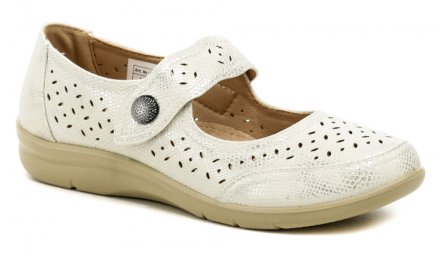 Dámska letná vychádzková obuv na miernom kline so zapínaním cez priehlavok na suchý zips, vyrobená z kombinácie syntetickej a prírodnej kože.