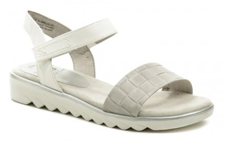 Dámska letná vychádzková sandálová obuv so zapínaním na opasok okolo členku, vyrobená zo syntetickej kože v kombinácii s textilným materiálom.