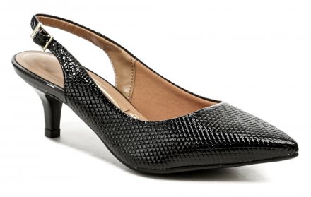Dámska letná spoločenská obuv na nízkom podpätku so zapínaním na opasok okolo päty, vyrobená z textilného materiálu.