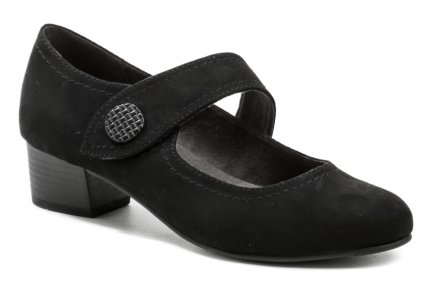 Dámska letná vychádzková obuv na stabilnom podpätku so zapínaním na opasok cez priehlavok so suchým zipsom, vyrobená z textilného materiálu.